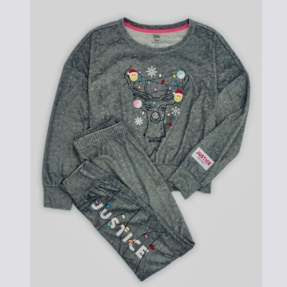 NWT Justice 3 Pcs Grey S(7-8) Long Sleeve Top, Jogger & Eyemask, Pajama Set
